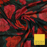 Black Red Pink Large Falling Roses Print Power Mesh Net Stretch Dress Fabric5310