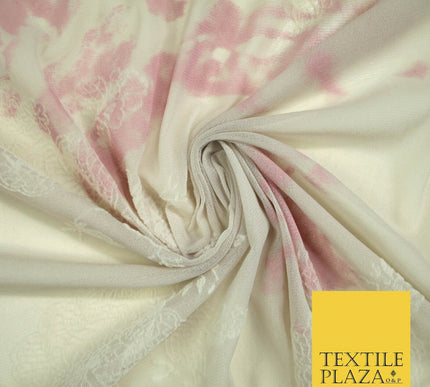 Beige Pink Tie Dye Flocked Floral Knit Power Mesh Net Stretch Dress Fabric 5313