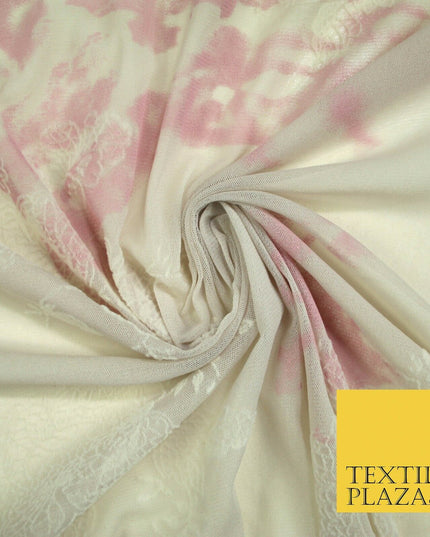 Beige Pink Tie Dye Flocked Floral Knit Power Mesh Net Stretch Dress Fabric 5313