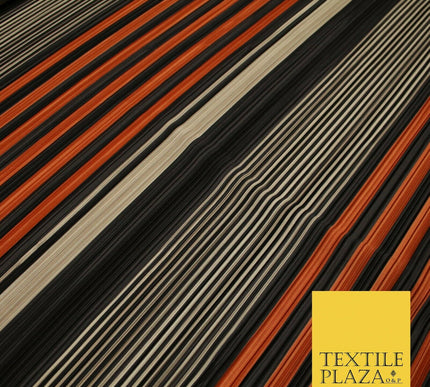 Black Orange Nude Mix Stripe Lines Printed Pleated Plisse Jersey Fabric 5407
