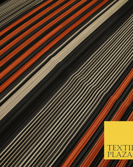 Black Orange Nude Mix Stripe Lines Printed Pleated Plisse Jersey Fabric 5407