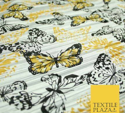 White Orange Flying Butterfly Printed Pleated Plisse Satin Dress Fabric 58" 5397