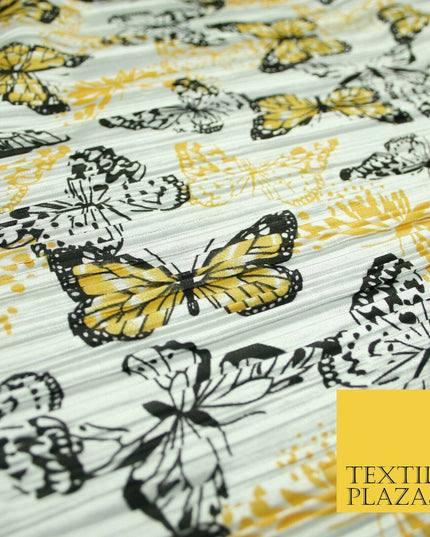 White Orange Flying Butterfly Printed Pleated Plisse Satin Dress Fabric 58" 5397