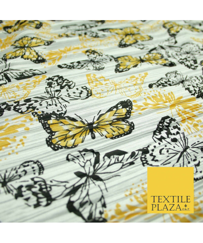 White Orange Flying Butterfly Printed Pleated Plisse Satin Dress Fabric 58" 5397