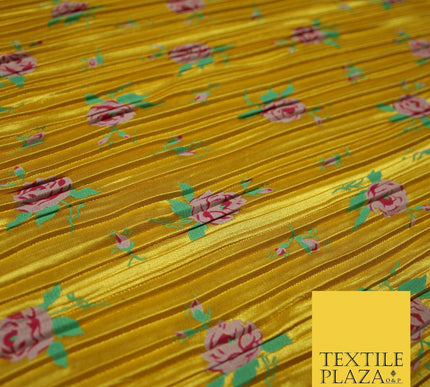 Mustard Gold Pink Floral Leaf Printed Pleated Plisse Satin Dress Fabric 5401