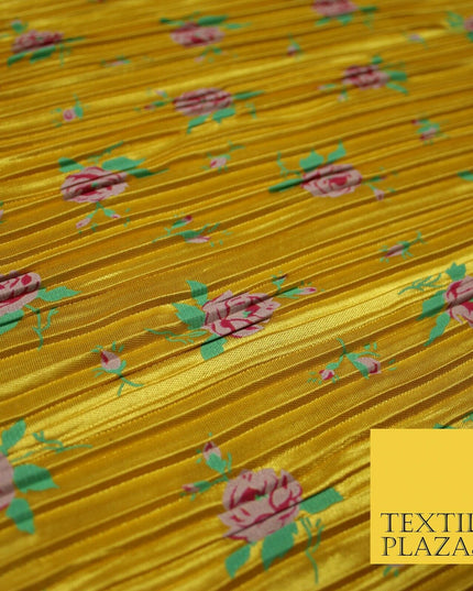 Mustard Gold Pink Floral Leaf Printed Pleated Plisse Satin Dress Fabric 5401