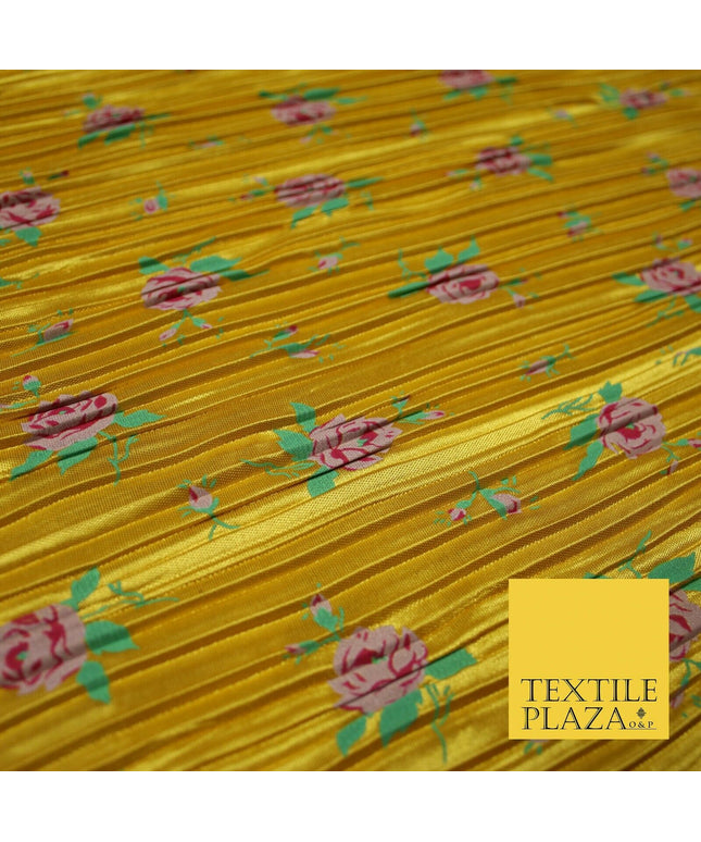 Mustard Gold Pink Floral Leaf Printed Pleated Plisse Satin Dress Fabric 5401