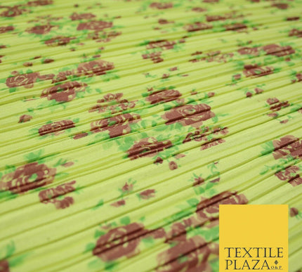 Lemon Yellow Floral Rose Cluster Printed Pleated Plisse Jersey Dress Fabric 5400