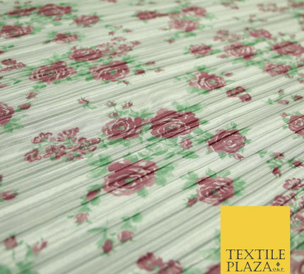 Ivory Falling Rose Cluster Floral Printed Pleated Plisse Satin Dress Fabric 5403