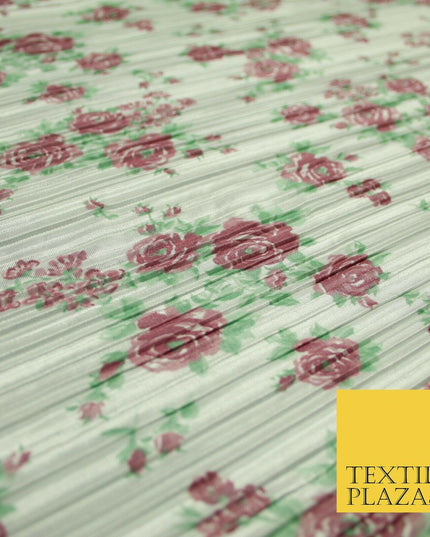 Ivory Falling Rose Cluster Floral Printed Pleated Plisse Satin Dress Fabric 5403