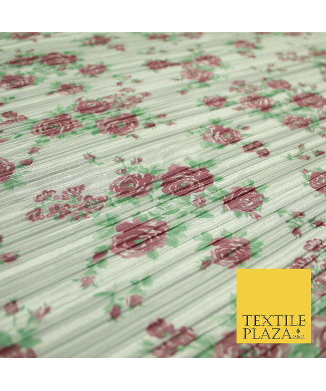 Ivory Falling Rose Cluster Floral Printed Pleated Plisse Satin Dress Fabric 5403