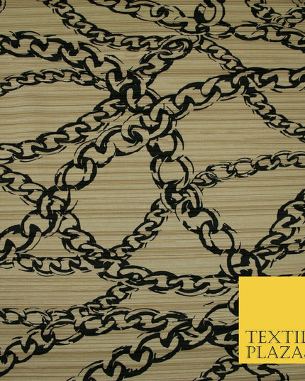 Nude Peach Black Wavy Chains Printed Pleated Plisse Jersey Dress Fabric 5405
