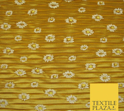 Mustard Gold White Daisy Floral Printed Pleated Plisse Satin Dress Fabric 5402
