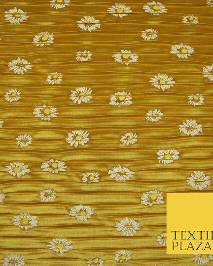 Mustard Gold White Daisy Floral Printed Pleated Plisse Satin Dress Fabric 5402