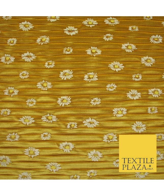 Mustard Gold White Daisy Floral Printed Pleated Plisse Satin Dress Fabric 5402