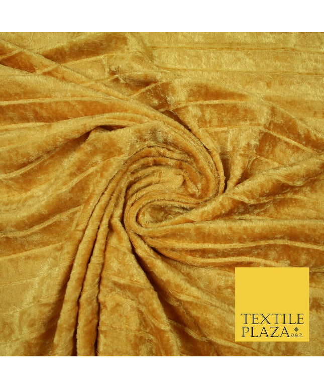 Gold Crushed Pleated Ribbed Stretch 2cm Striped Velvet Fabric Dress Craft 5377