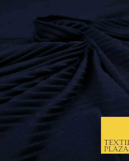 Midnight Blue Pleated Crinkle Stretch Striped Plisse Jersey Dress Fabric 5396