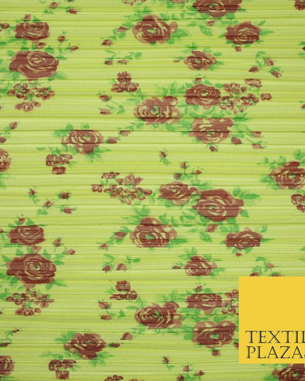 Lemon Yellow Floral Rose Cluster Printed Pleated Plisse Jersey Dress Fabric 5400