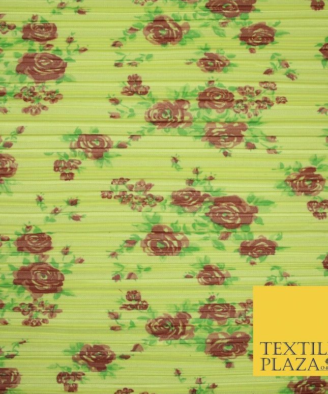 Lemon Yellow Floral Rose Cluster Printed Pleated Plisse Jersey Dress Fabric 5400