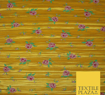 Mustard Gold Pink Floral Leaf Printed Pleated Plisse Satin Dress Fabric 5401