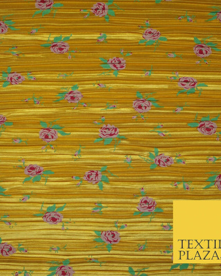 Mustard Gold Pink Floral Leaf Printed Pleated Plisse Satin Dress Fabric 5401