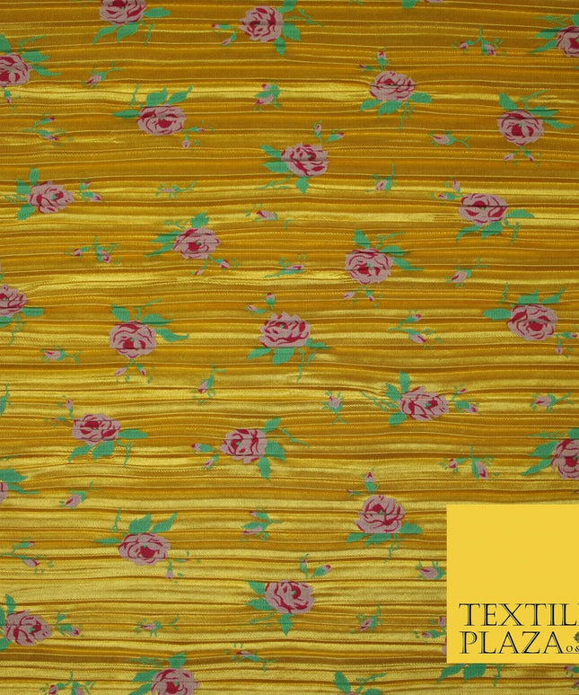 Mustard Gold Pink Floral Leaf Printed Pleated Plisse Satin Dress Fabric 5401
