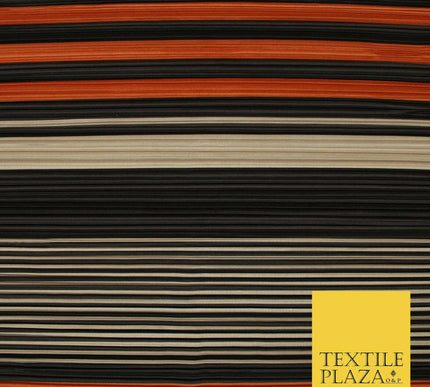 Black Orange Nude Mix Stripe Lines Printed Pleated Plisse Jersey Fabric 5407