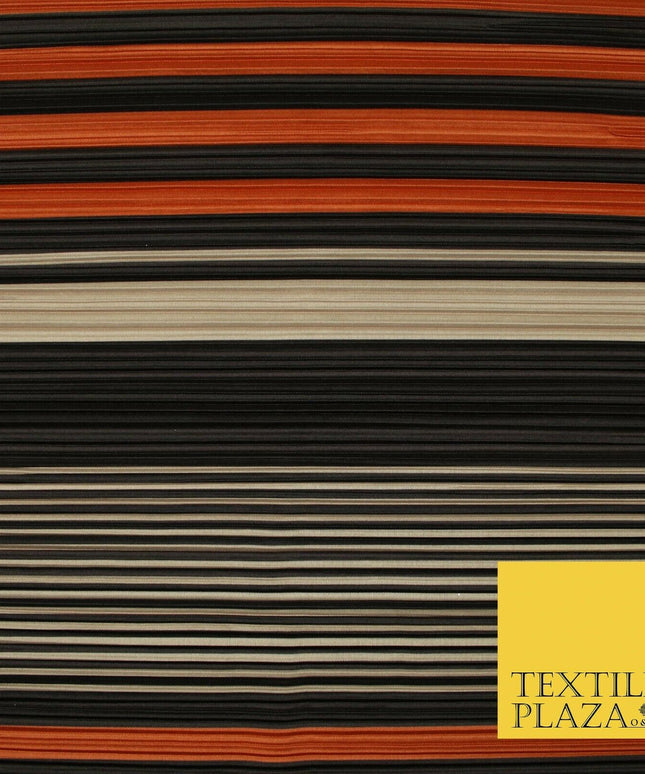 Black Orange Nude Mix Stripe Lines Printed Pleated Plisse Jersey Fabric 5407