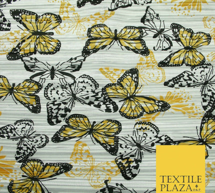 White Orange Flying Butterfly Printed Pleated Plisse Satin Dress Fabric 58" 5397