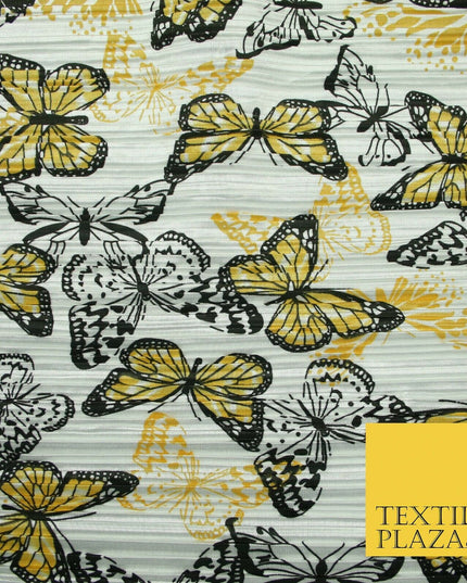 White Orange Flying Butterfly Printed Pleated Plisse Satin Dress Fabric 58" 5397
