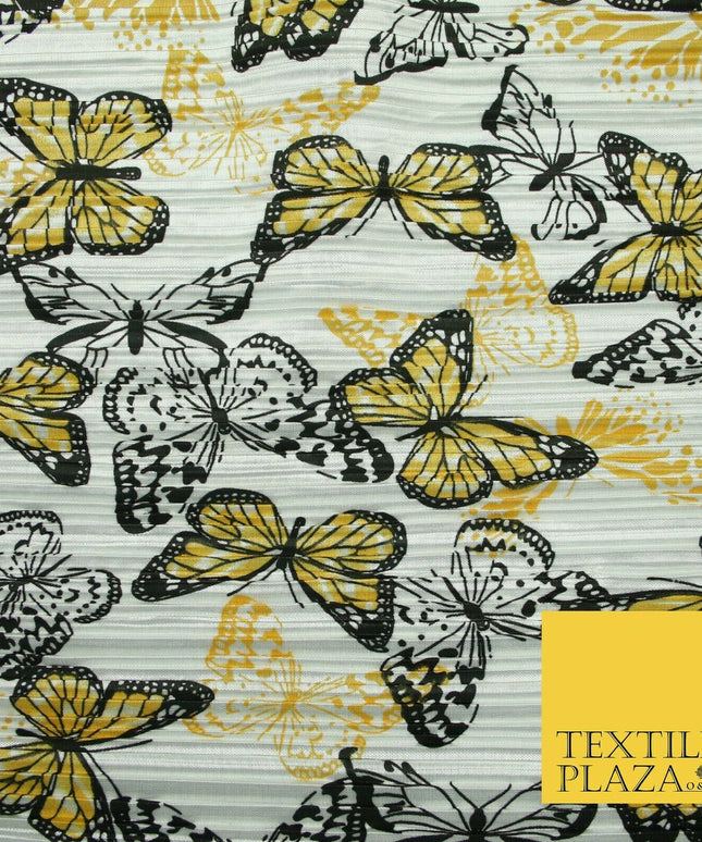 White Orange Flying Butterfly Printed Pleated Plisse Satin Dress Fabric 58" 5397
