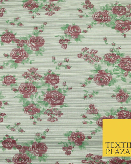 Ivory Falling Rose Cluster Floral Printed Pleated Plisse Satin Dress Fabric 5403