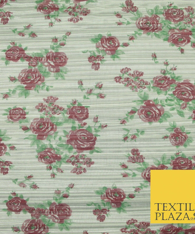 Ivory Falling Rose Cluster Floral Printed Pleated Plisse Satin Dress Fabric 5403