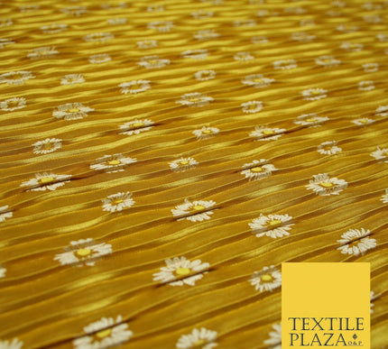 Mustard Gold White Daisy Floral Printed Pleated Plisse Satin Dress Fabric 5402