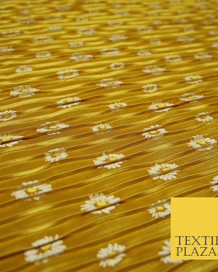 Mustard Gold White Daisy Floral Printed Pleated Plisse Satin Dress Fabric 5402