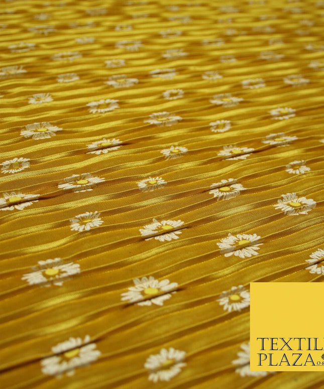 Mustard Gold White Daisy Floral Printed Pleated Plisse Satin Dress Fabric 5402