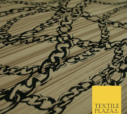 Nude Peach Black Wavy Chains Printed Pleated Plisse Jersey Dress Fabric 5405