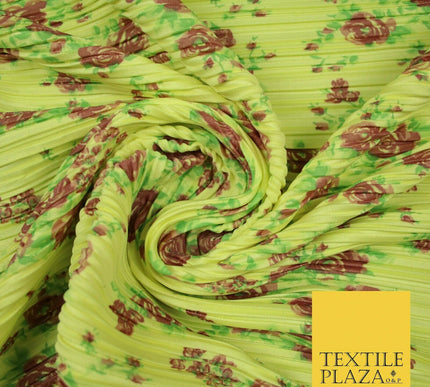 Lemon Yellow Floral Rose Cluster Printed Pleated Plisse Jersey Dress Fabric 5400