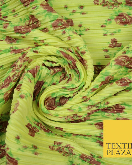 Lemon Yellow Floral Rose Cluster Printed Pleated Plisse Jersey Dress Fabric 5400