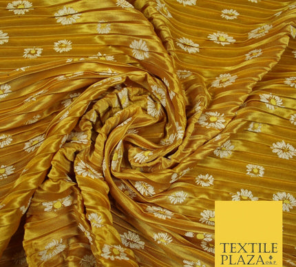 Mustard Gold White Daisy Floral Printed Pleated Plisse Satin Dress Fabric 5402