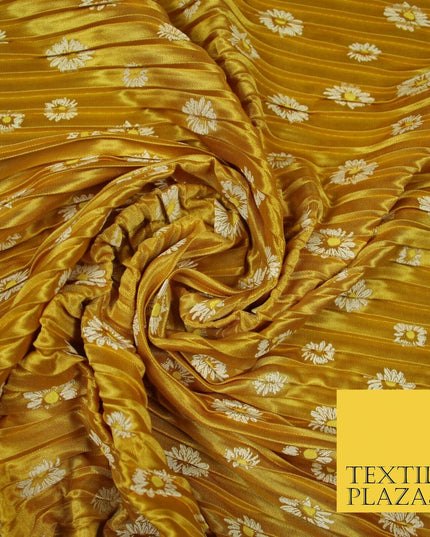 Mustard Gold White Daisy Floral Printed Pleated Plisse Satin Dress Fabric 5402