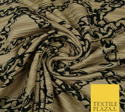 Nude Peach Black Wavy Chains Printed Pleated Plisse Jersey Dress Fabric 5405