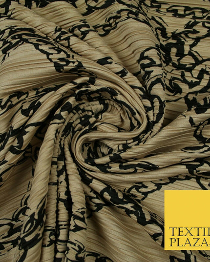 Nude Peach Black Wavy Chains Printed Pleated Plisse Jersey Dress Fabric 5405
