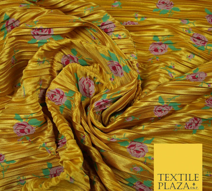 Mustard Gold Pink Floral Leaf Printed Pleated Plisse Satin Dress Fabric 5401