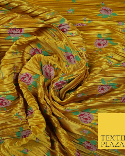 Mustard Gold Pink Floral Leaf Printed Pleated Plisse Satin Dress Fabric 5401