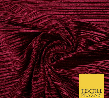 RED WINE Pleated Ribbed Stretch Soft Striped Velvet Plisse Fabric Dress Craft