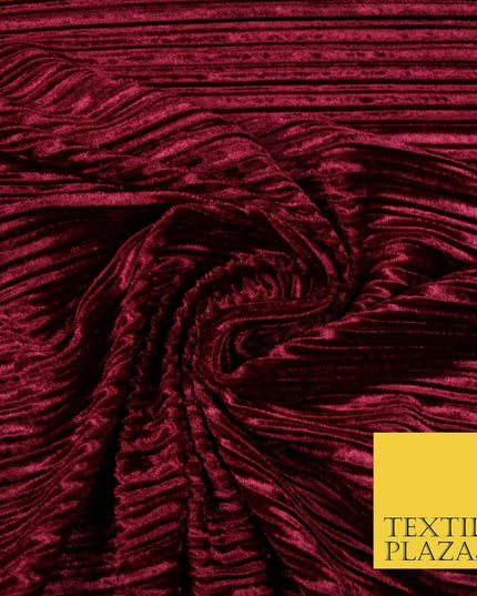 RED WINE Pleated Ribbed Stretch Soft Striped Velvet Plisse Fabric Dress Craft