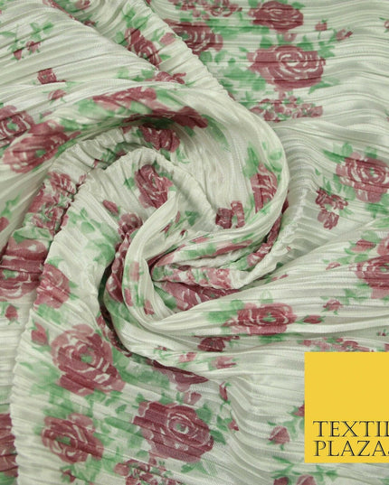 Ivory Falling Rose Cluster Floral Printed Pleated Plisse Satin Dress Fabric 5403