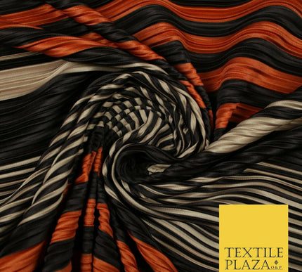 Black Orange Nude Mix Stripe Lines Printed Pleated Plisse Jersey Fabric 5407