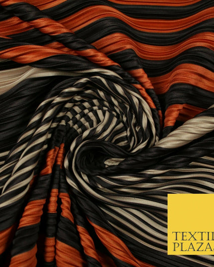 Black Orange Nude Mix Stripe Lines Printed Pleated Plisse Jersey Fabric 5407